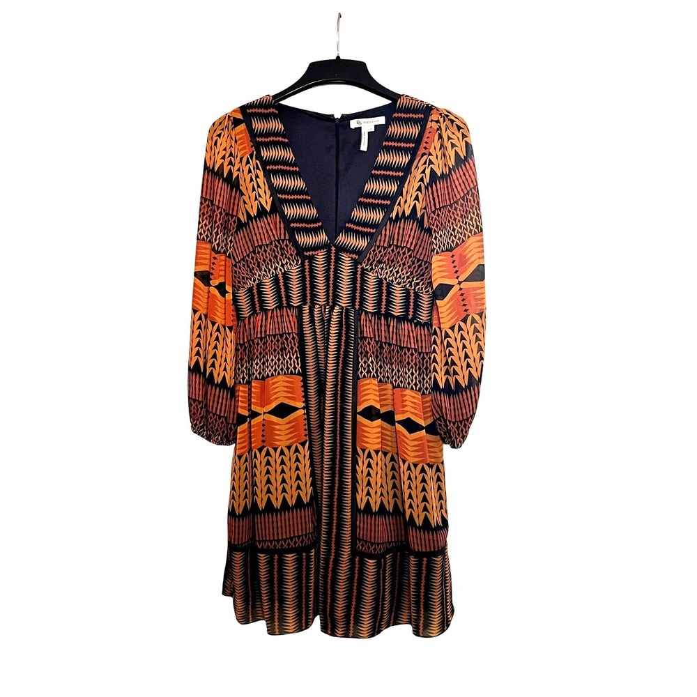BCBG MAXAZRIA Geometric Print V Neck Long Sleeve Dress Size 6 Black Gold Orange